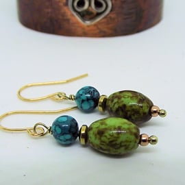 Earrings faux agate turquoise green glass gold vintage