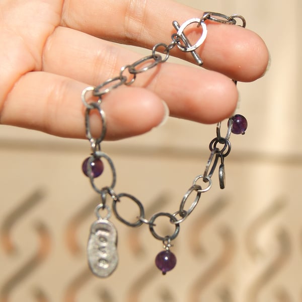 Amethyst Hand Forged Bracelet,  Silver Links Bracelet, Love Heart Jewellery 