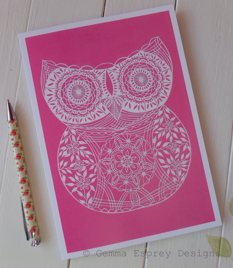 Papercut 'Lacy Owl' in Bubblegum - Printed Greetings Card