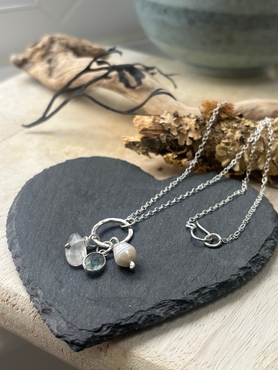 Aquamarine and pearl silver necklace 