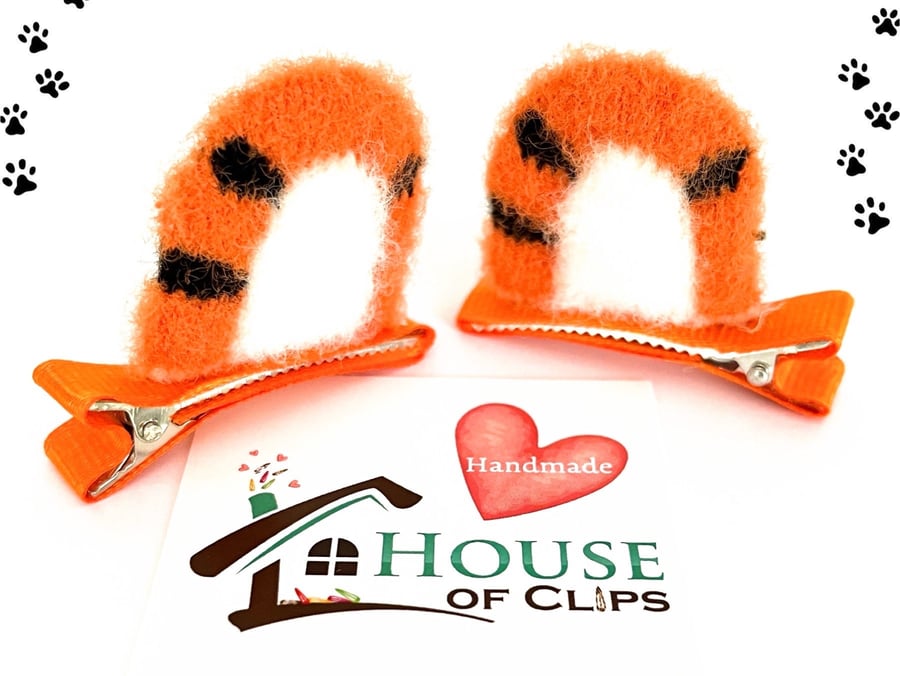 Fuzzy Tiger Ear Hair Clips x2 - Fun Animal Alligator Clips - Tiger Ear Non-Slip 