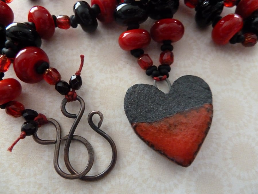 handmade lampwork, ceramic and copper necklace, red and black