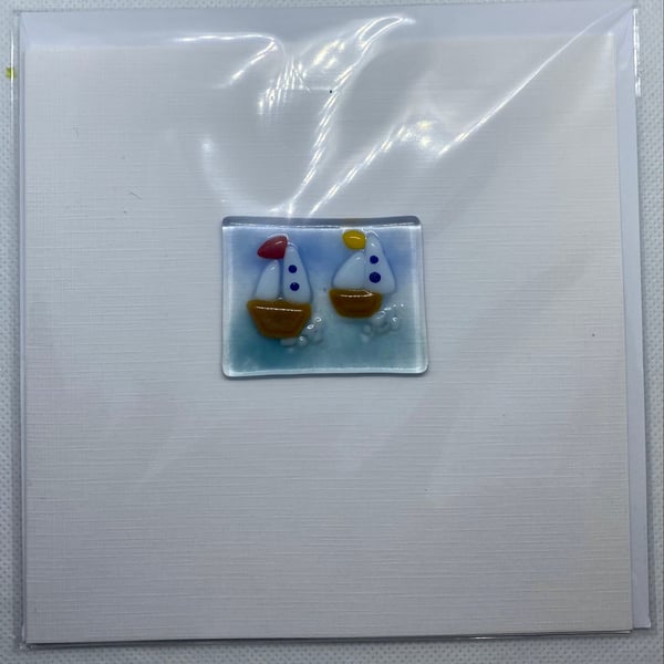 Blank card with handmade fused glass sailing boats