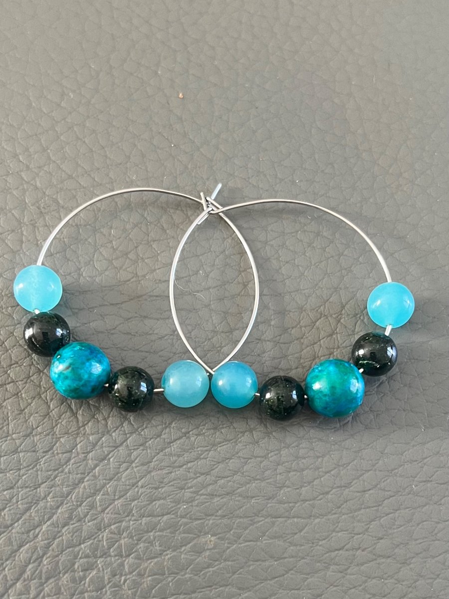 Handmade Hoop Earrings with Natural Gemstones 