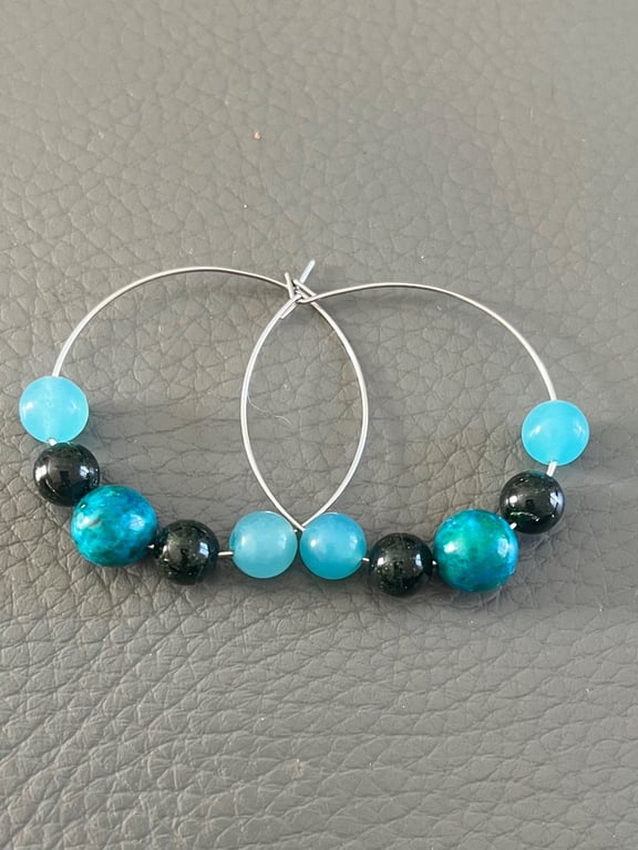 Handmade Hoop Earrings with Natural Gemstones 