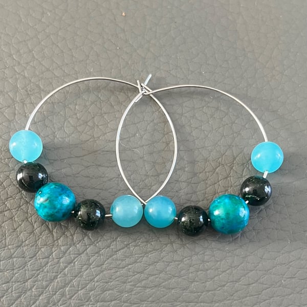 Handmade Hoop Earrings with Natural Gemstones 