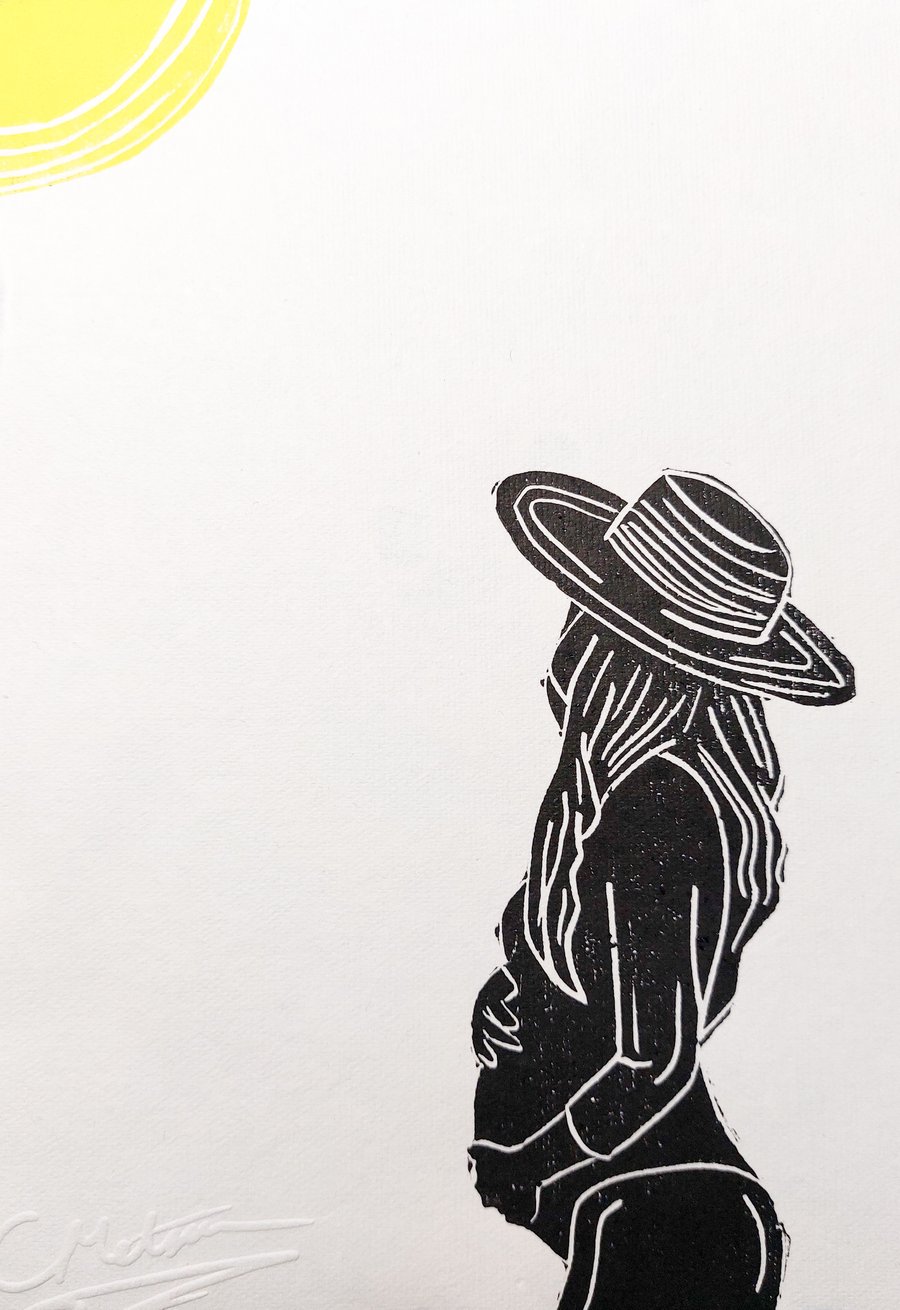 'New Beginnings' - A5 lino print in black and yellow - pregnancy art print