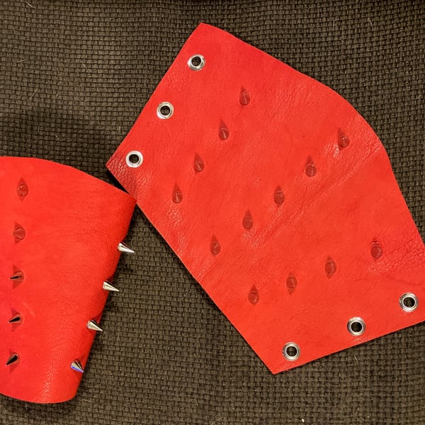 Small Pair - Bright Red coloured Leather Bracers with Spikes