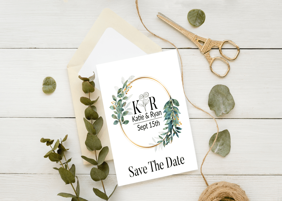 Leaf Wreath Save The Date Wedding Invitation, Personalised Wedding Stationery