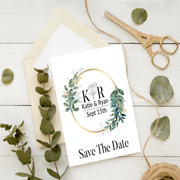 Leaf Wreath Save The Date Wedding Invitation, Personalised Wedding Stationery