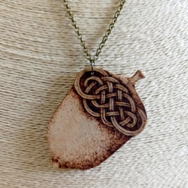 Pyrography Celtic knotwork acorn wooden pendant