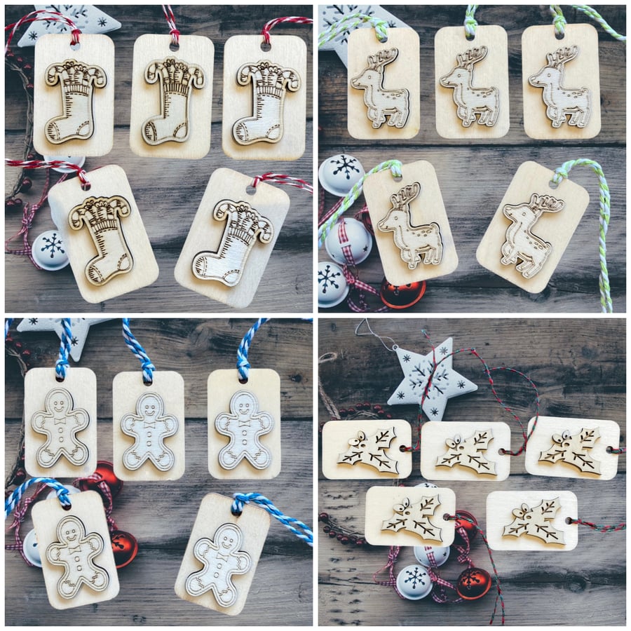 Set of five wooden gift tags. Four designs to choose from.