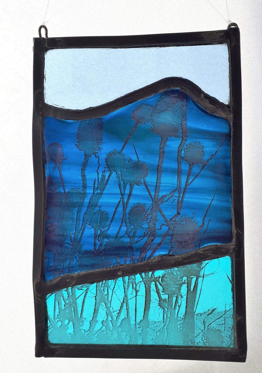 Teasels by the Sea, Contemporary Stained Glass Panel 
