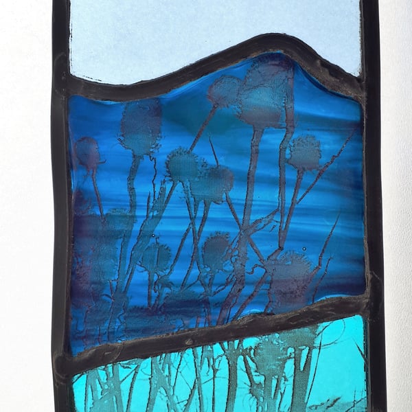 Teasels by the Sea, Contemporary Stained Glass Panel 