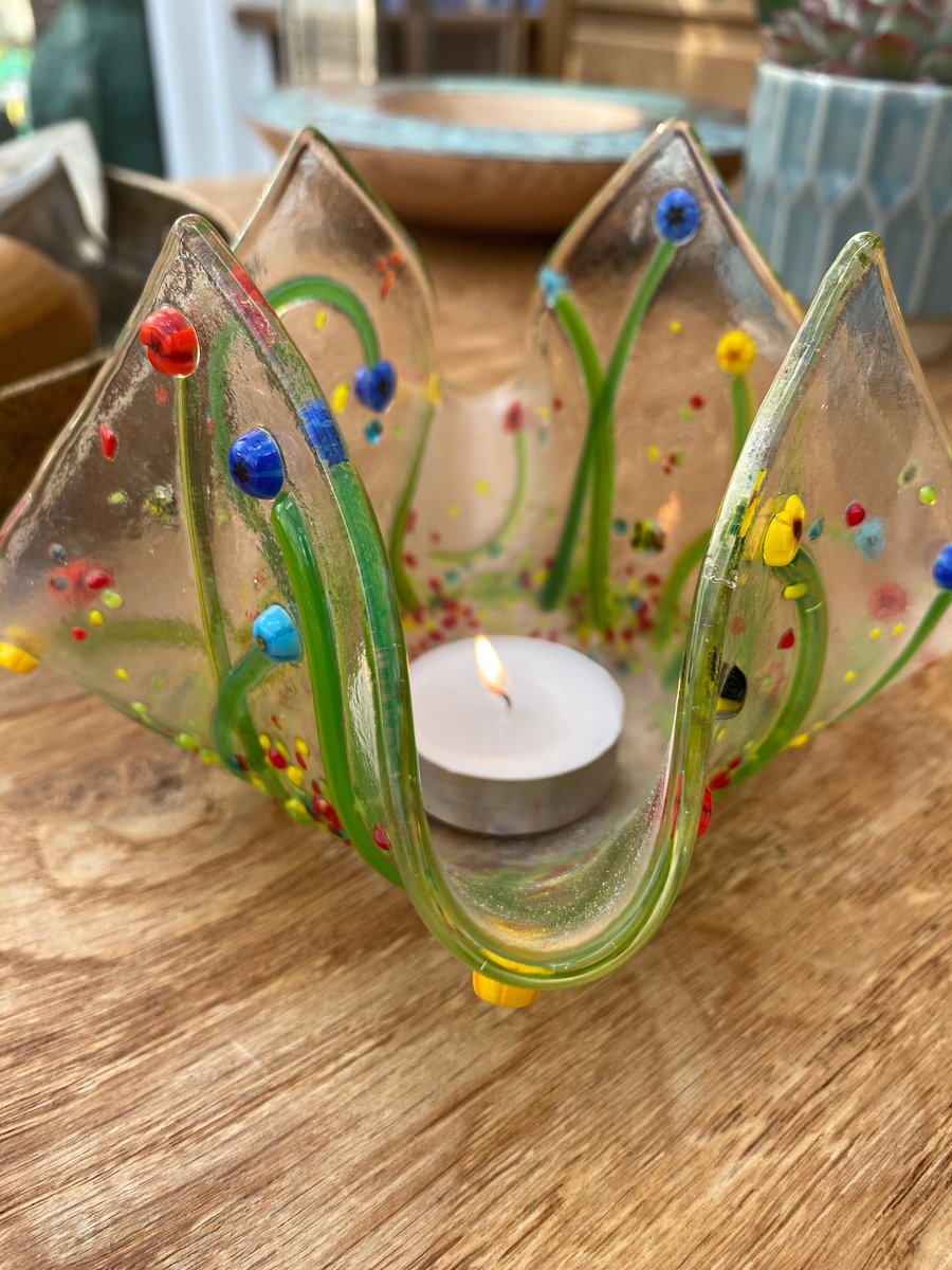 Fused glass bright summer stems candle holder 