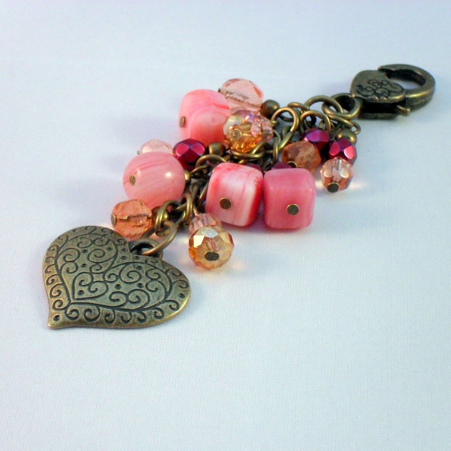 Heart Bag Charm with Czech Glass Beads Valentines Gift
