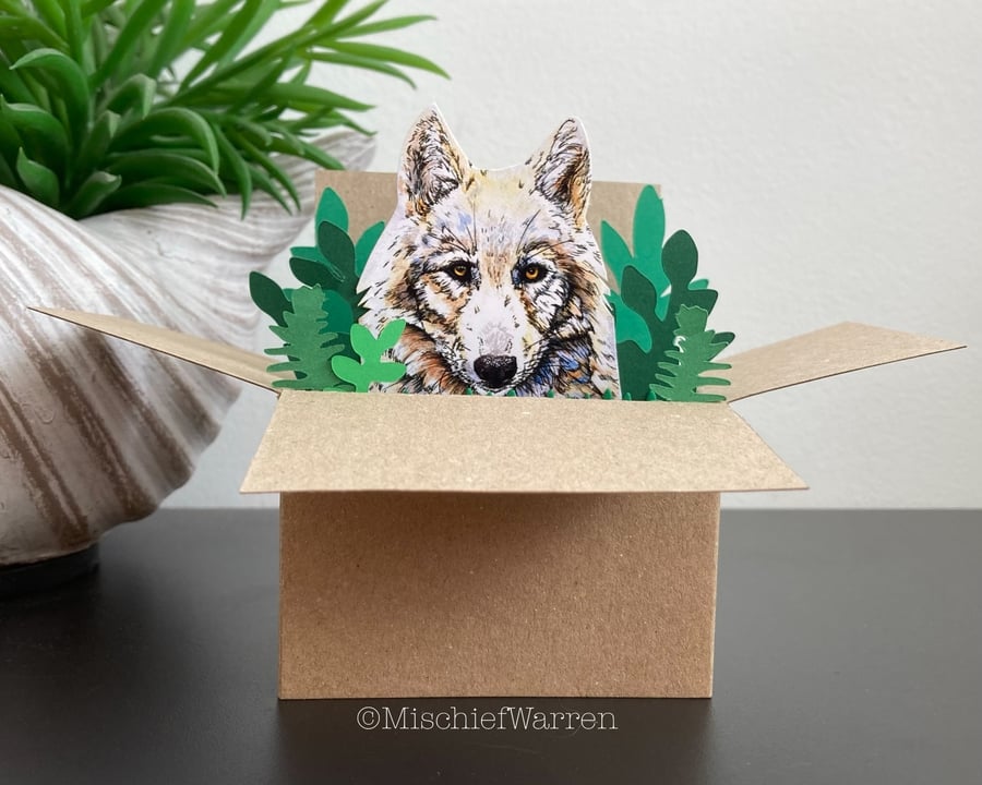 White Wolf Card. Blank or personalised Wolf in a box card. 3D Gift card holder.