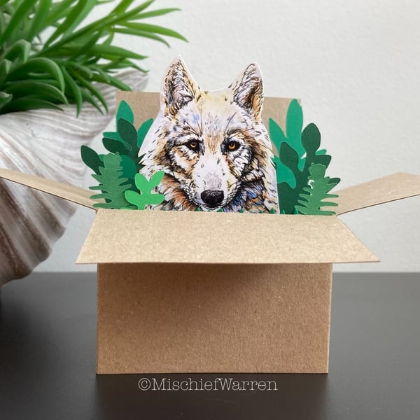 White Wolf Card. Blank or personalised Wolf in a box card. 3D Gift card holder.