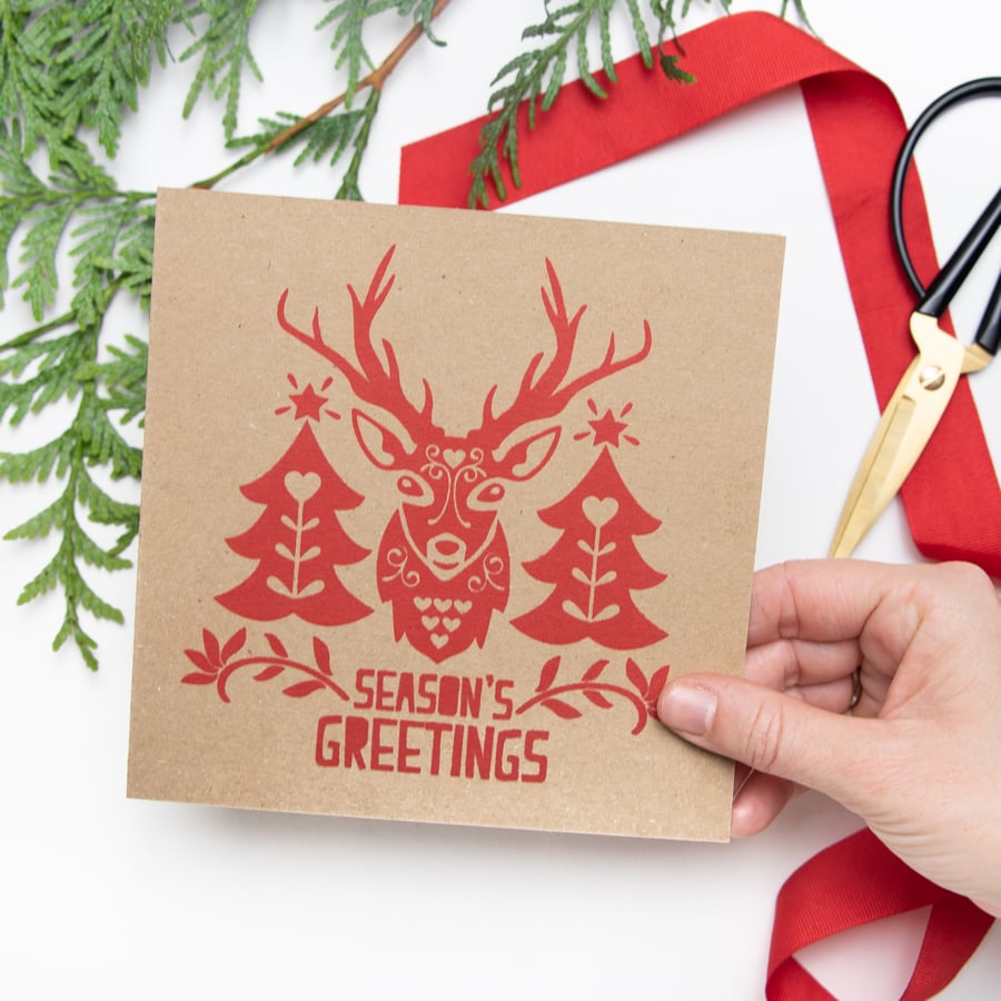 Scandinavian Folk Art inspired deer design - hand-printed Christmas card