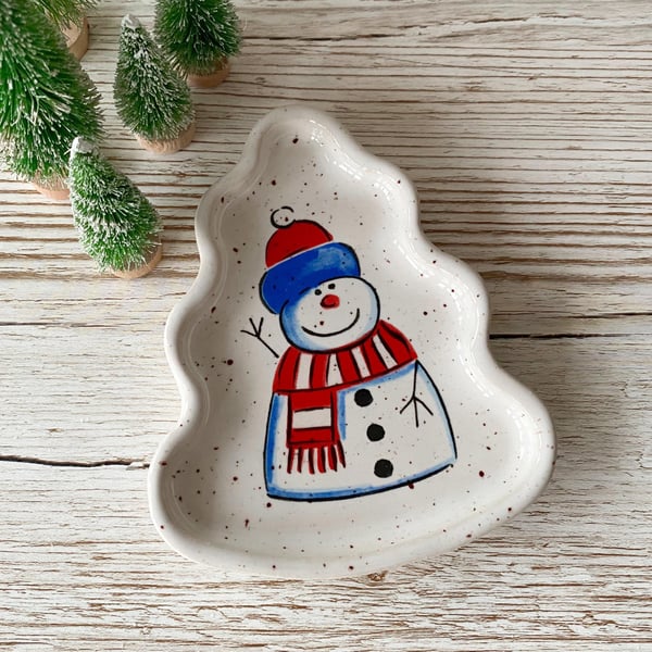 Handmade Ceramic Christmas Tree Snowman Dish - Christmas Table 