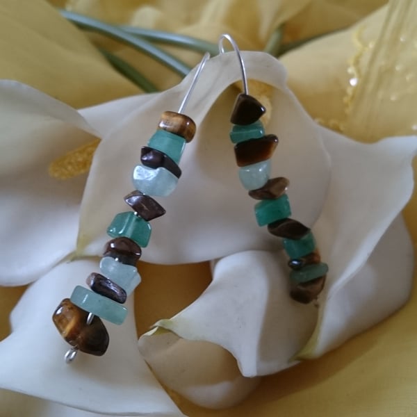 Tigers eye and aventurine sterling silver drop earrings