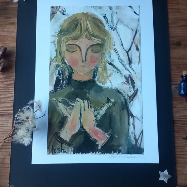 Girl holding bird print 'winter solstice '