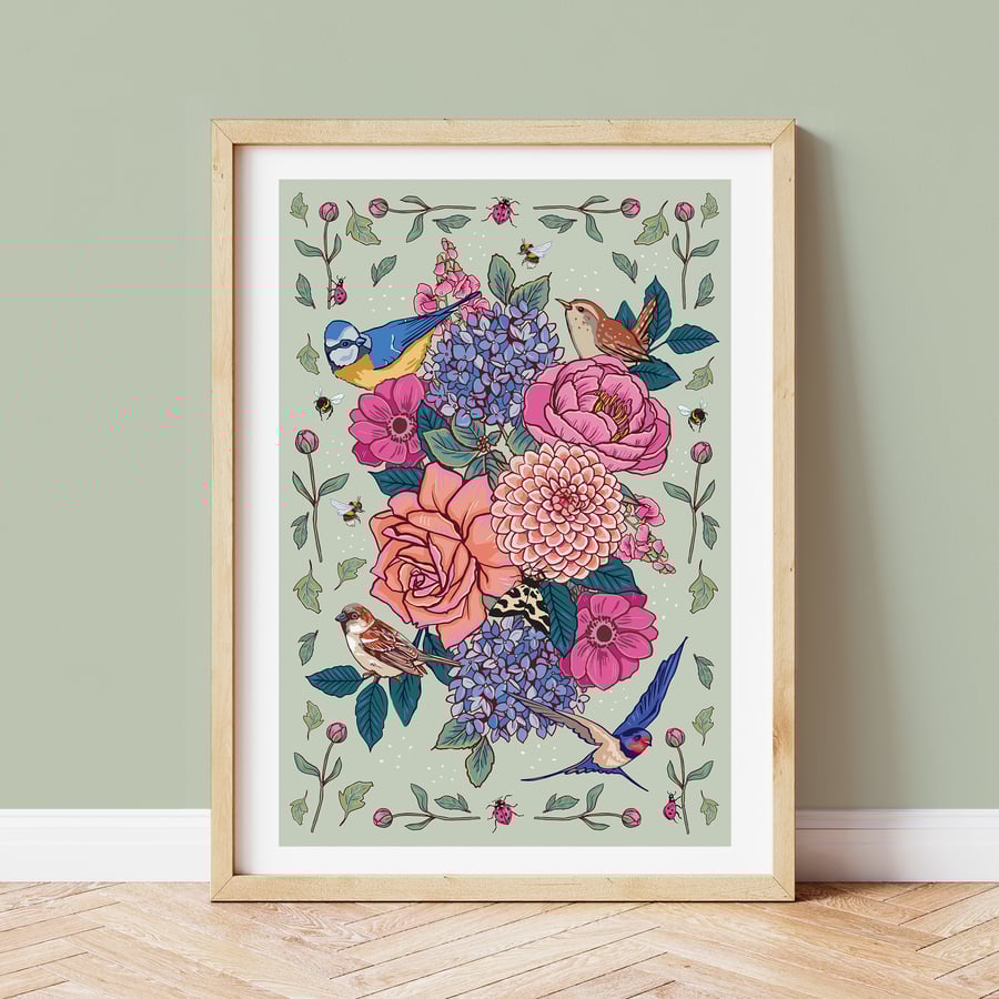 Garden Flowers and Garden Birds Wall Art Print