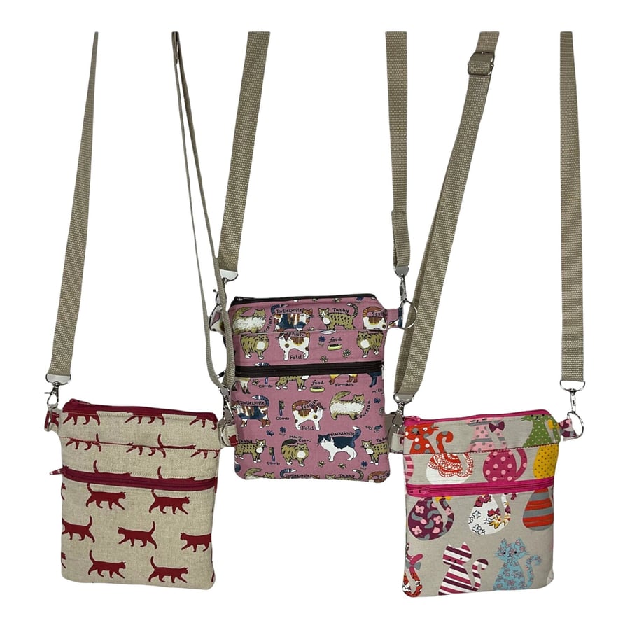 Cat print slim phone shoulder bag with multi pockets, teenager messenger phone p