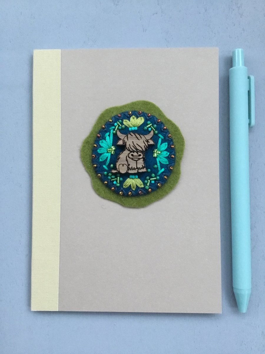 Hand Embroidered Highland Cow Notebook and Pen Set