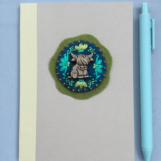 Hand Embroidered Highland Cow Notebook and Pen Set