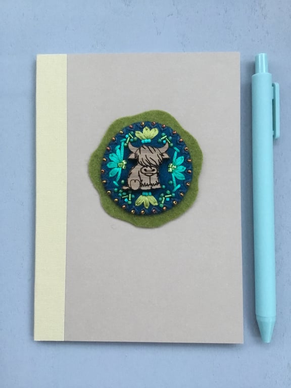 Hand Embroidered Highland Cow Notebook and Pen Set