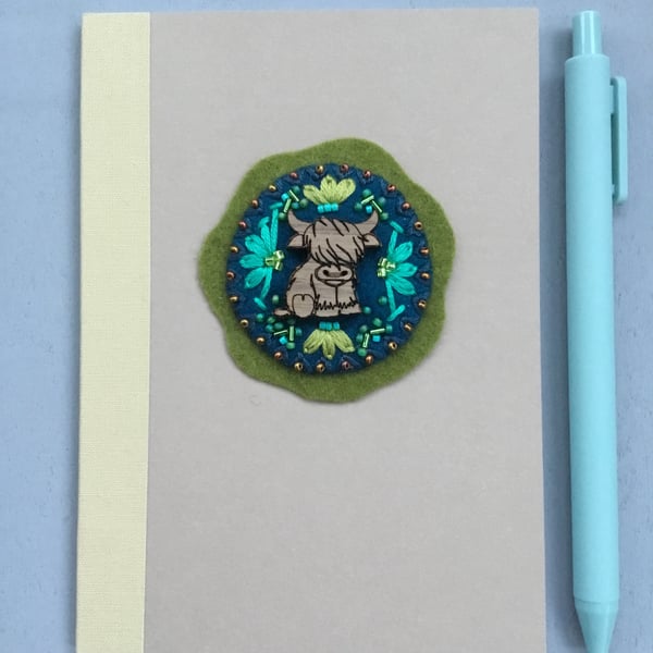 Hand Embroidered Highland Cow Notebook and Pen Set