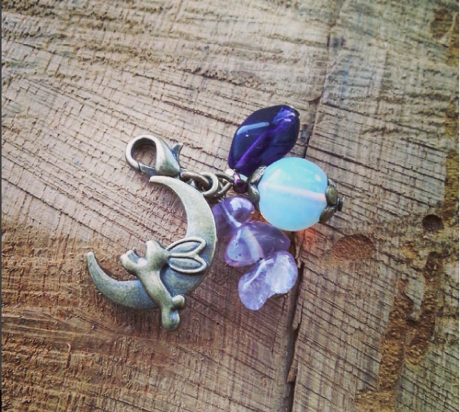 Opalite moonstone and Amethyst Rabbit moon charm