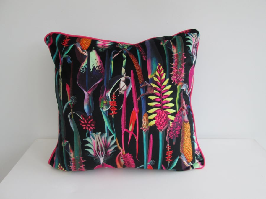 Jungle Printed Velvet Cushion Cover with Red Piping