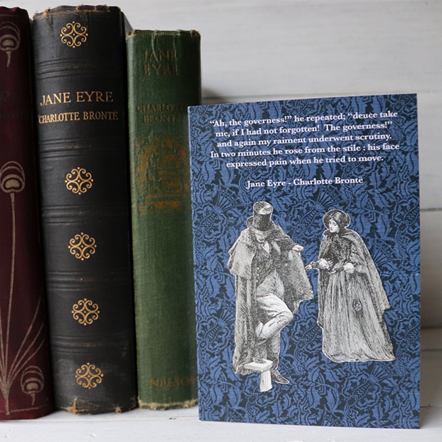 Jane Eyre blue William Morris pattern card with quotation.  Mr Rochester meets 