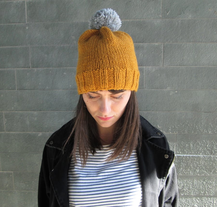 Bobble Hat in Mustard Chunky Yarn with Grey Pom Pom