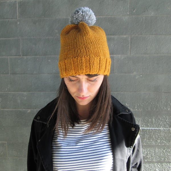 Bobble Hat in Mustard Chunky Yarn with Grey Pom Pom