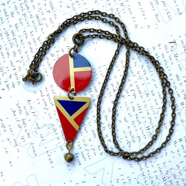 Recycled vintage tin red navy gold circle & triangle geometric pendant necklace