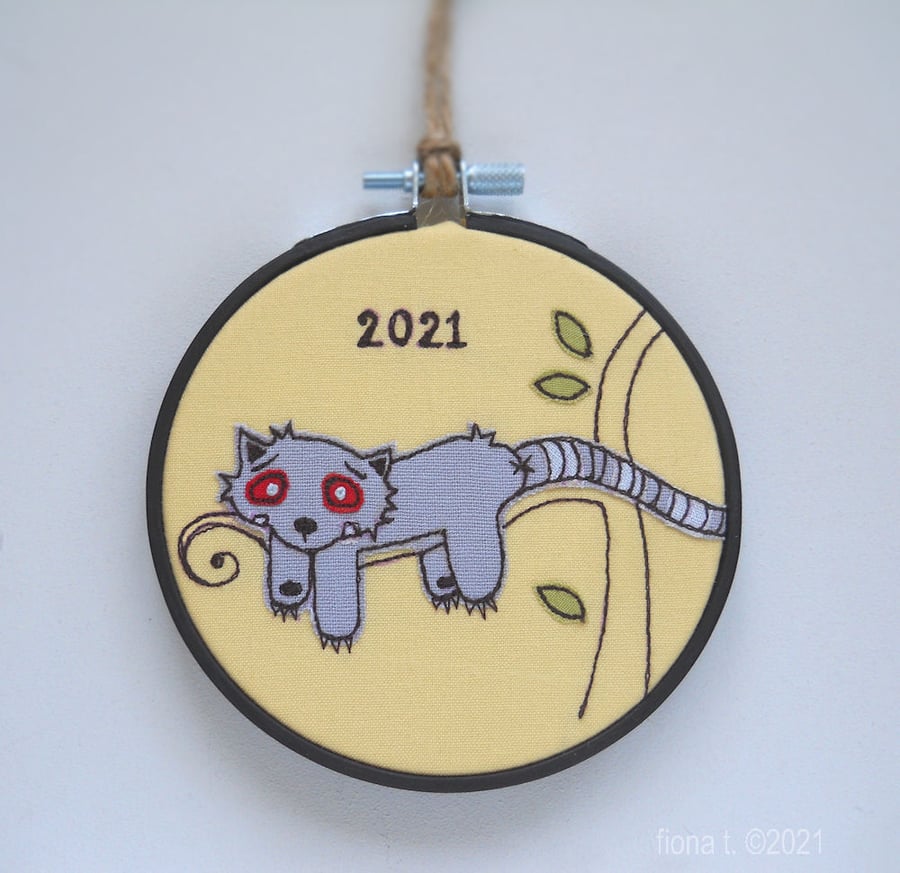 freehand embroidery mini hoop red panda zombie in yellow