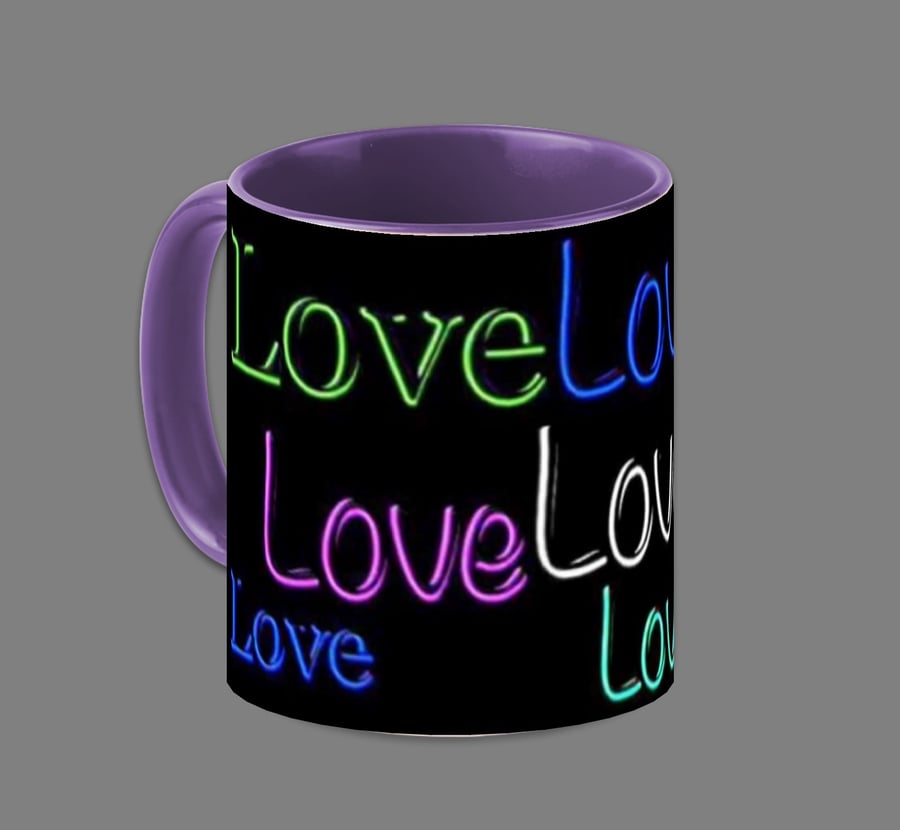 MULTICOLOURED "LOVE" MUG;PURPLE INTERIOR.