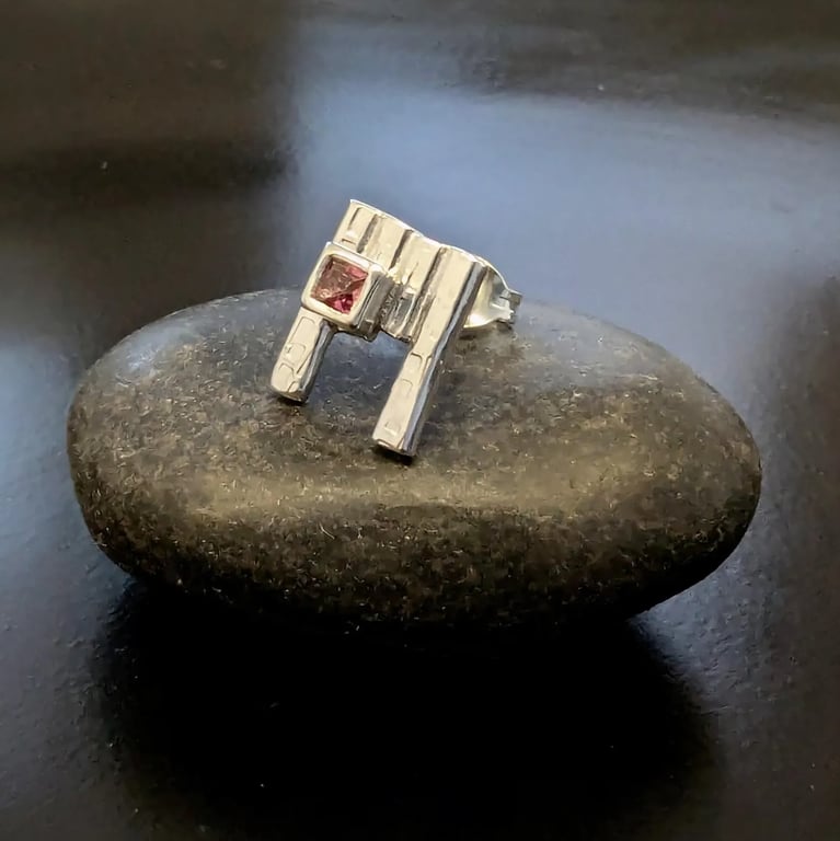 STERLING SILVER Pink Tourmaline Single Stud earring, Handmade Urban Designed 