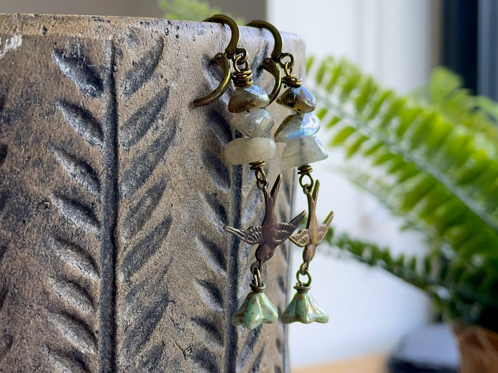 Bohemian Brass Bird Earrings with Natural Labradorite Gemstone & Czech Glass