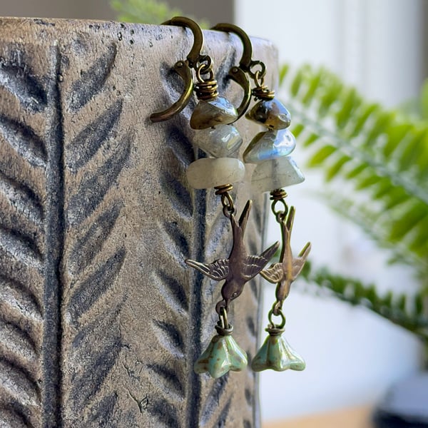 Bohemian Brass Bird Earrings with Natural Labradorite Gemstone & Czech Glass