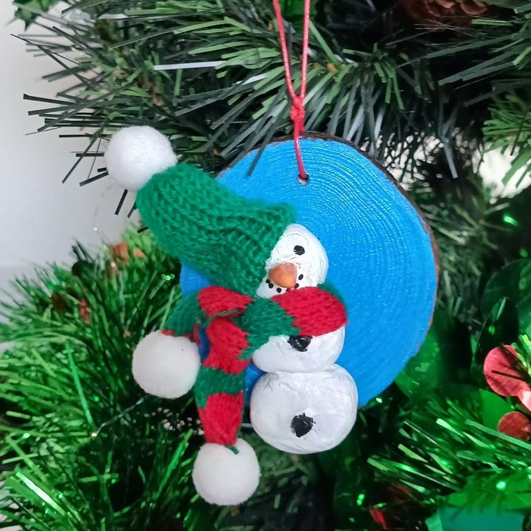 Christmas tree decoration, Snowman, airdry clay with a fabric hat & scarf.  