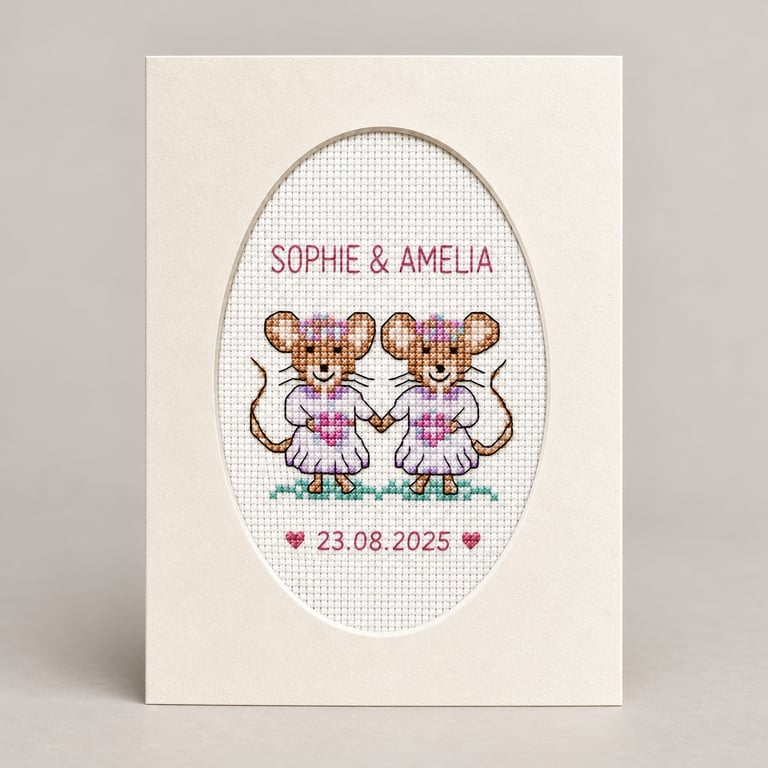 Personalised Lesbian Wedding Card, Handmade Cross Stitch, Bride & Bride Mice