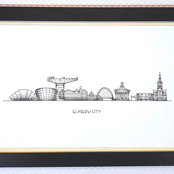 Glasgow Cityscape Handmade Unique Framed A3 Print Vanilla Border Wallart Gift