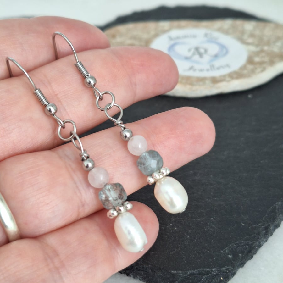 Freshwater Pearl and Tourmaline hypoallergenic Summer earrings