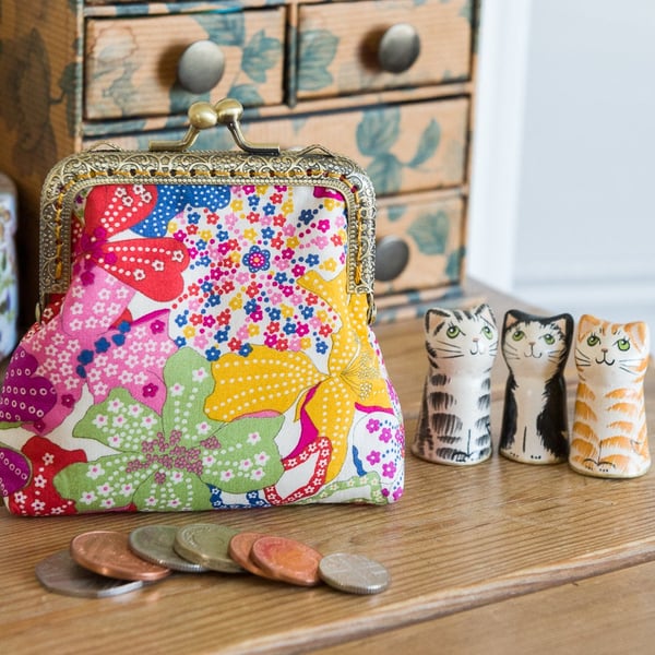 Coin purse made with colourful Mauvey print Liberty Lawn and golden lining