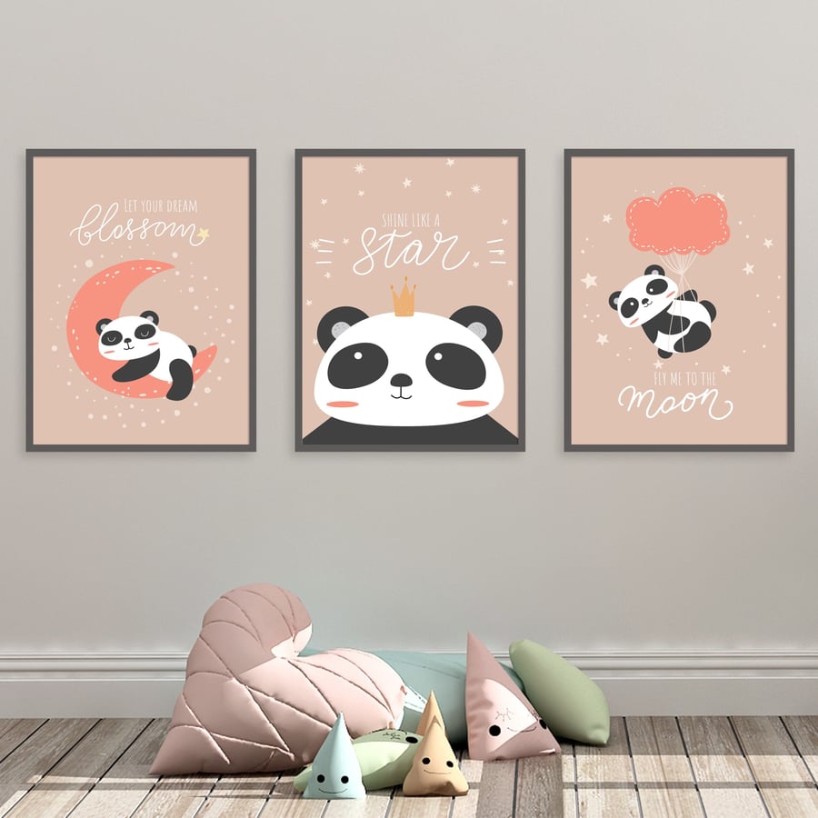 Set of 3 Panda Prints, Panda Nursery Decor, Panda Nursery Prints, Kids print