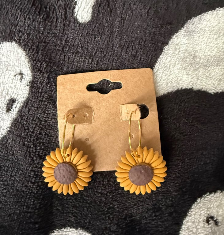 Handmade polymer clay sunflower gold hoop earrings 